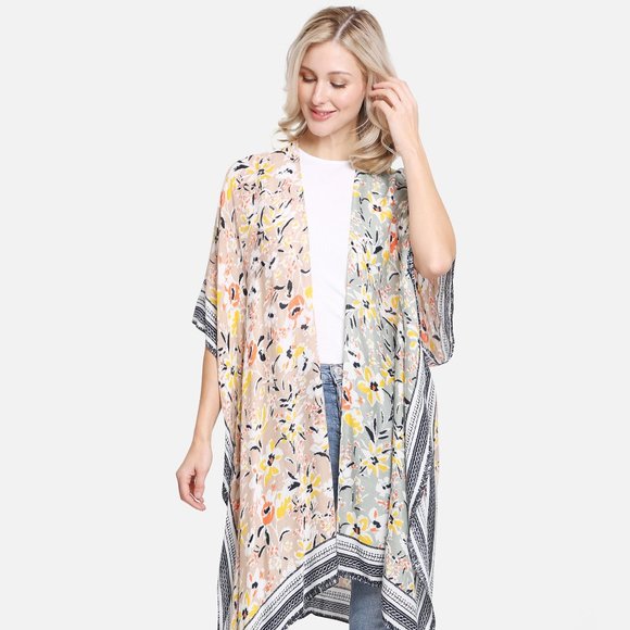 P/S Multi-Colored Flower Print Long Cover Up·Kimono·Wrap·SwimsuitCover·ComfyLuxe - Picture 2 of 5